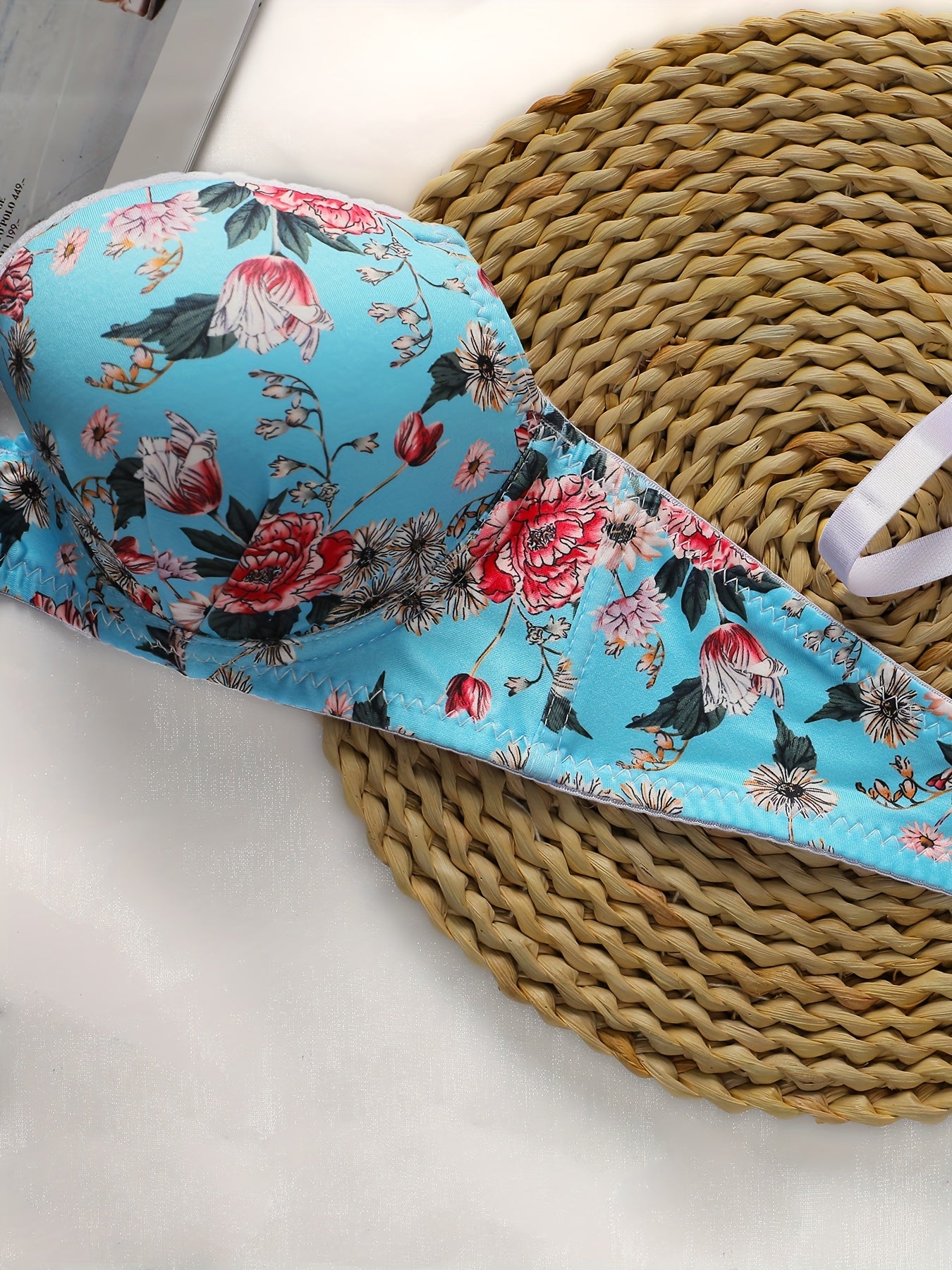 Yashil gulli ichki kiyim to'plami, yoz uchun yostiqli underwire bra va shalvarlar