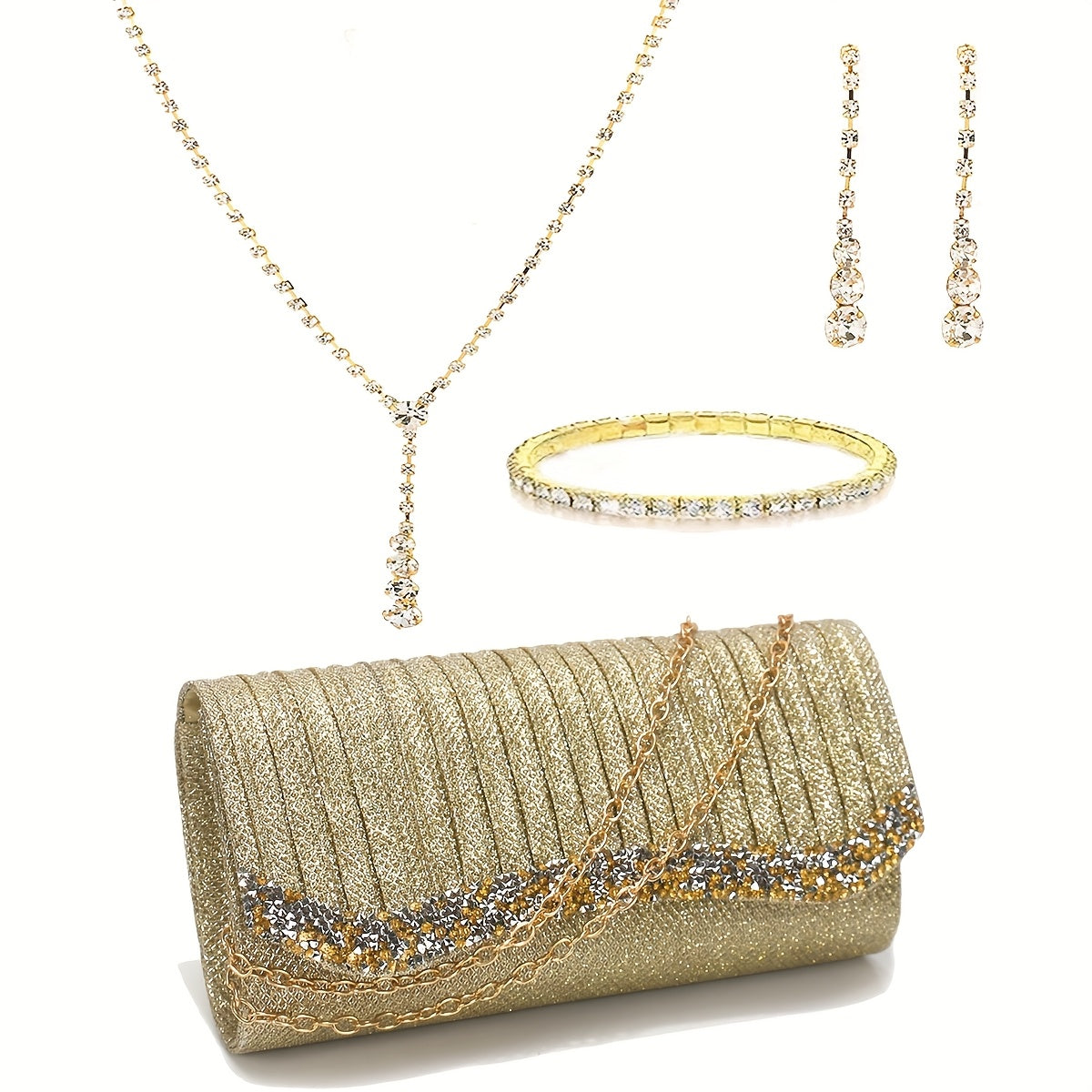 Elegant Satin Evening Clutch Bag with Rhinestones and Detachable Chain for Weddings and Parties