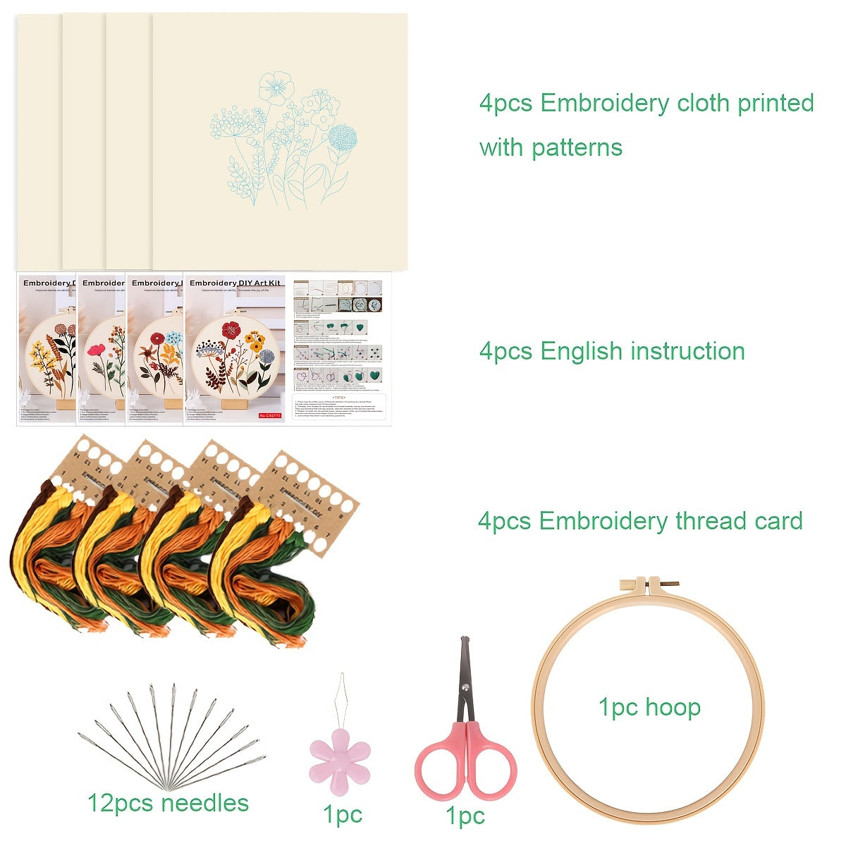 4-Piece Embroidery Kit with Floral Pattern, Hoops, Floss, Needles and 3-Pack Cross Stitch Kit for Beginners