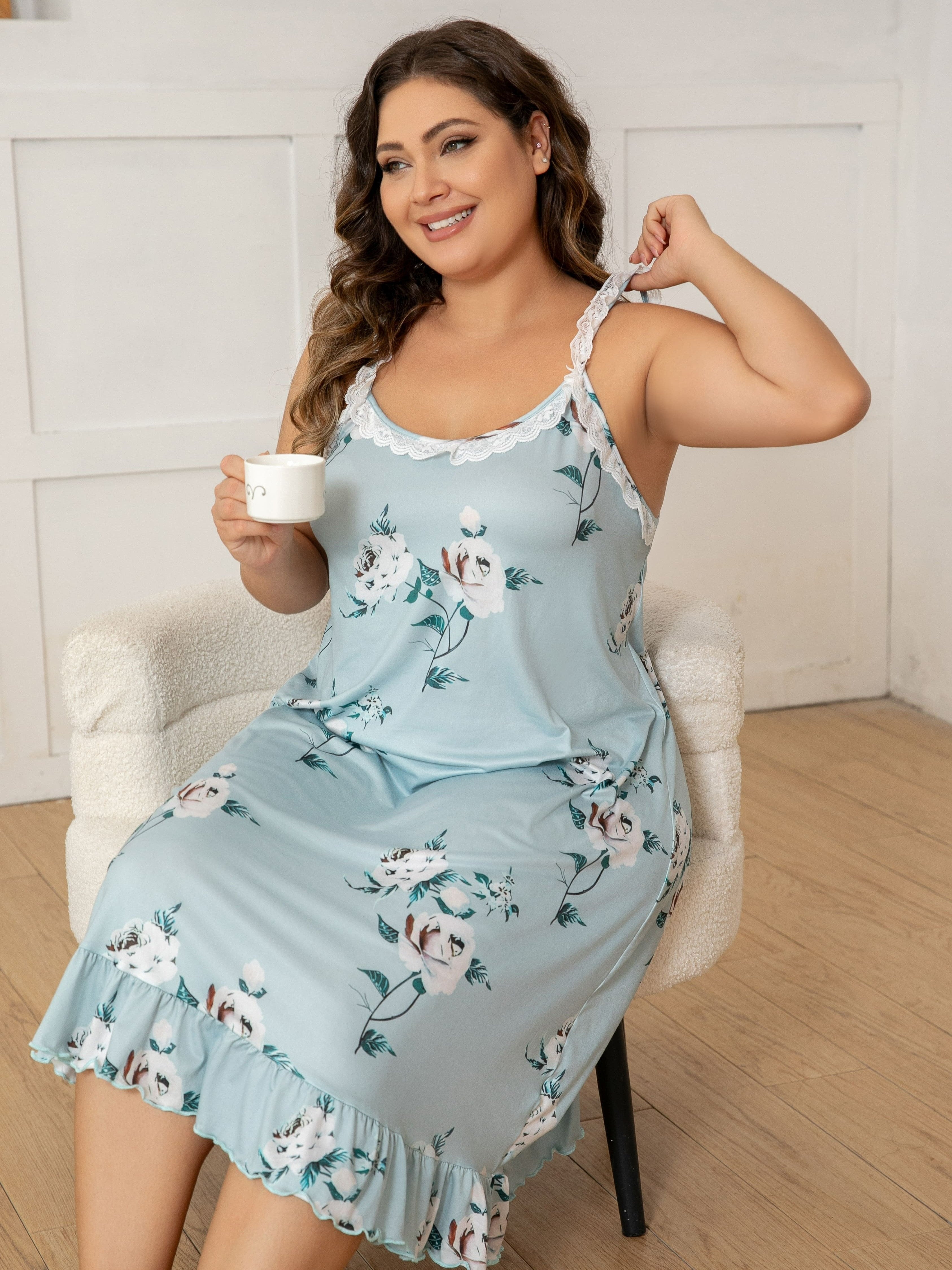 Plus Size Women's Floral Print Sleeveless Nightgown Sleep Dress Soft Summer Lounge