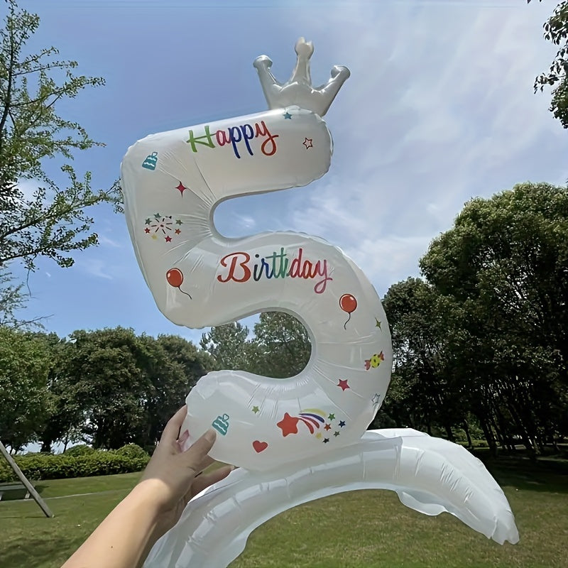 White 32-Inch Crown Number Balloon with Colorful Designs for Birthday Party