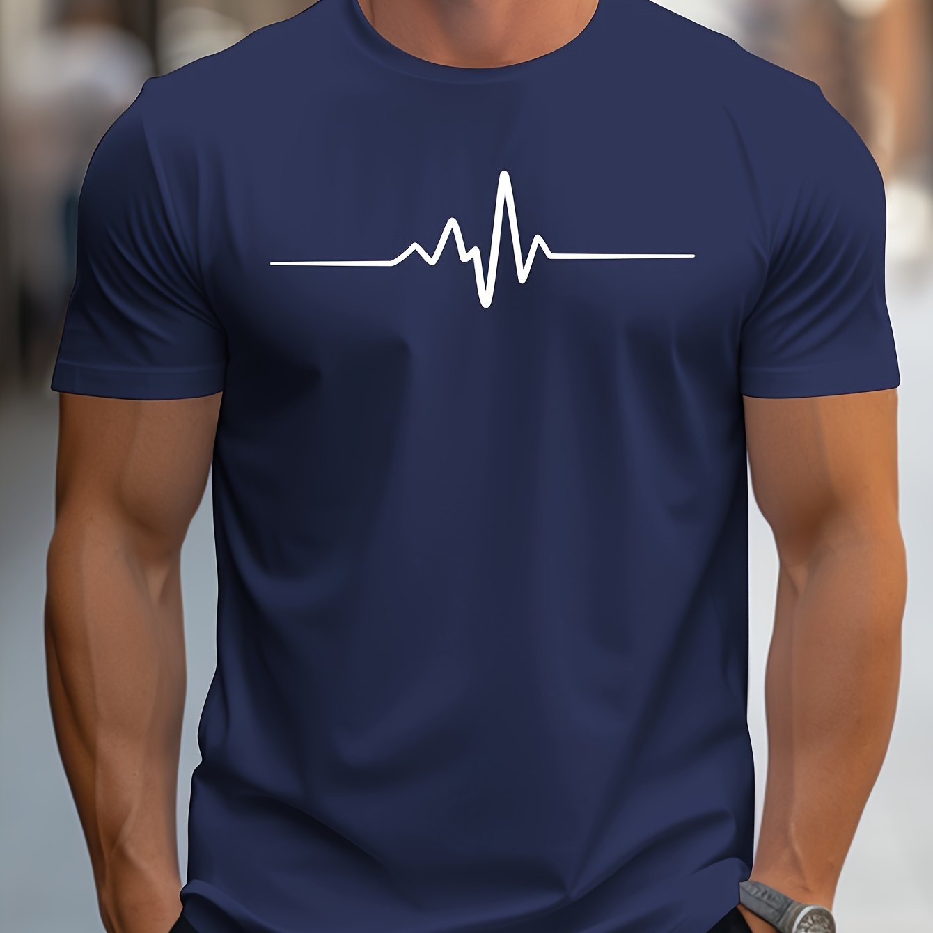 Unisex Navy Blue Heartbeat Print T-Shirt Summer Casual Crew Neck Polyester Elastane