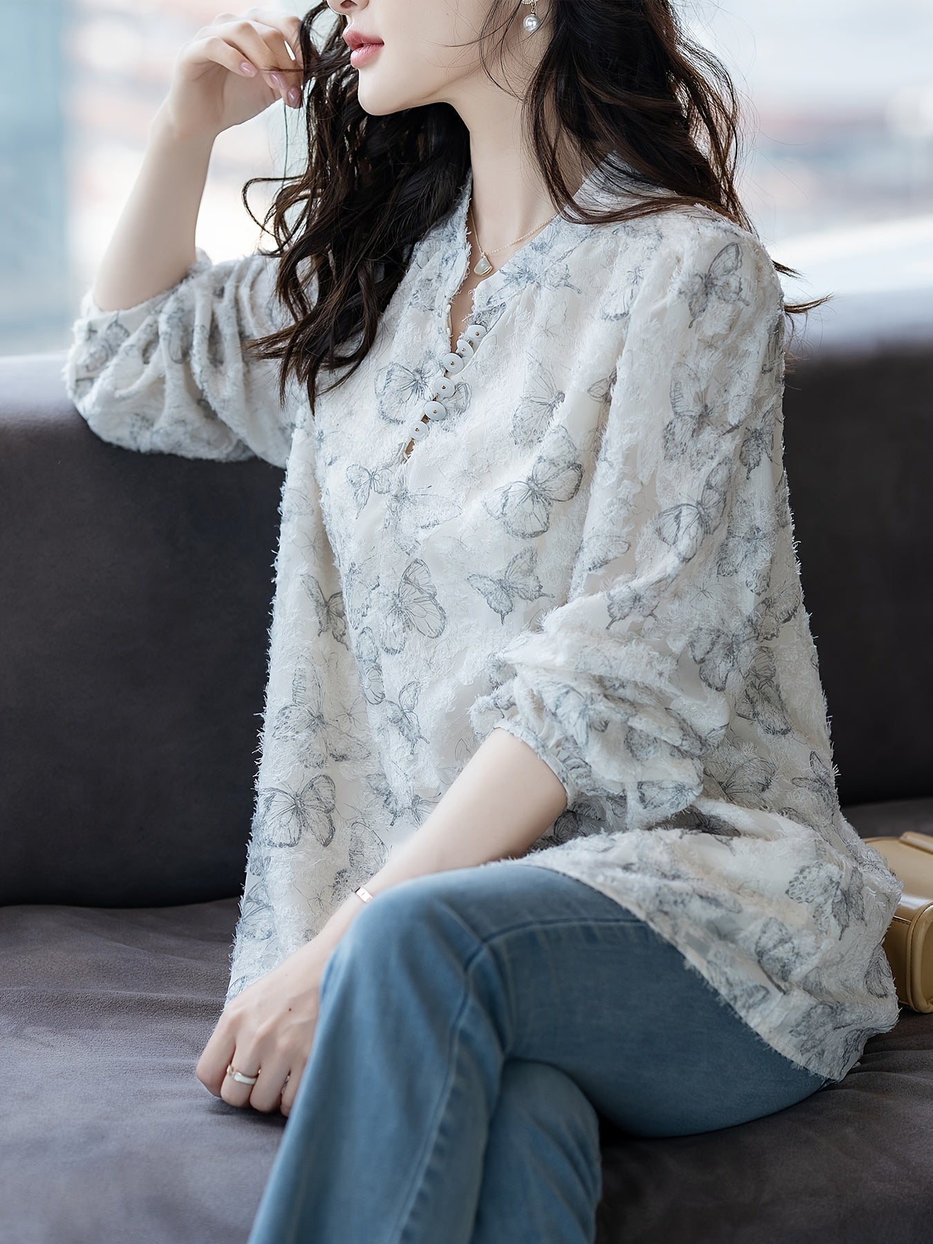 Women's V-Neck Long Sleeve Shirt Woven Polyester Color Block Butterfly Print