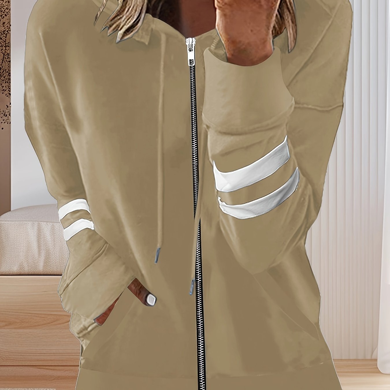 Plus Size Zip Up Hoodie With Drawstring Long Sleeve Outwear For Fall Winter