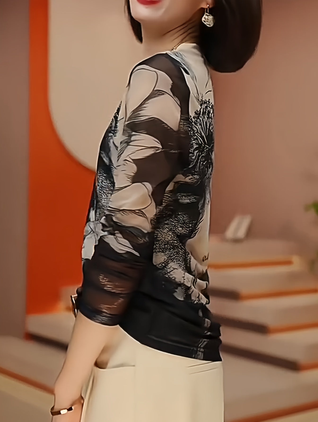 Women's Floral Print Lace Mesh Blouse with Long Sleeves and A-Line Fit