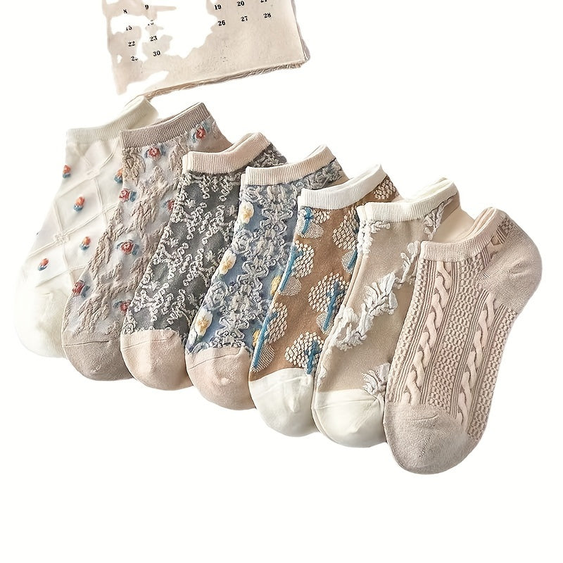 Women Floral Print Socks 9 Pairs Low-Cut Ankle Retro Lightweight Cotton