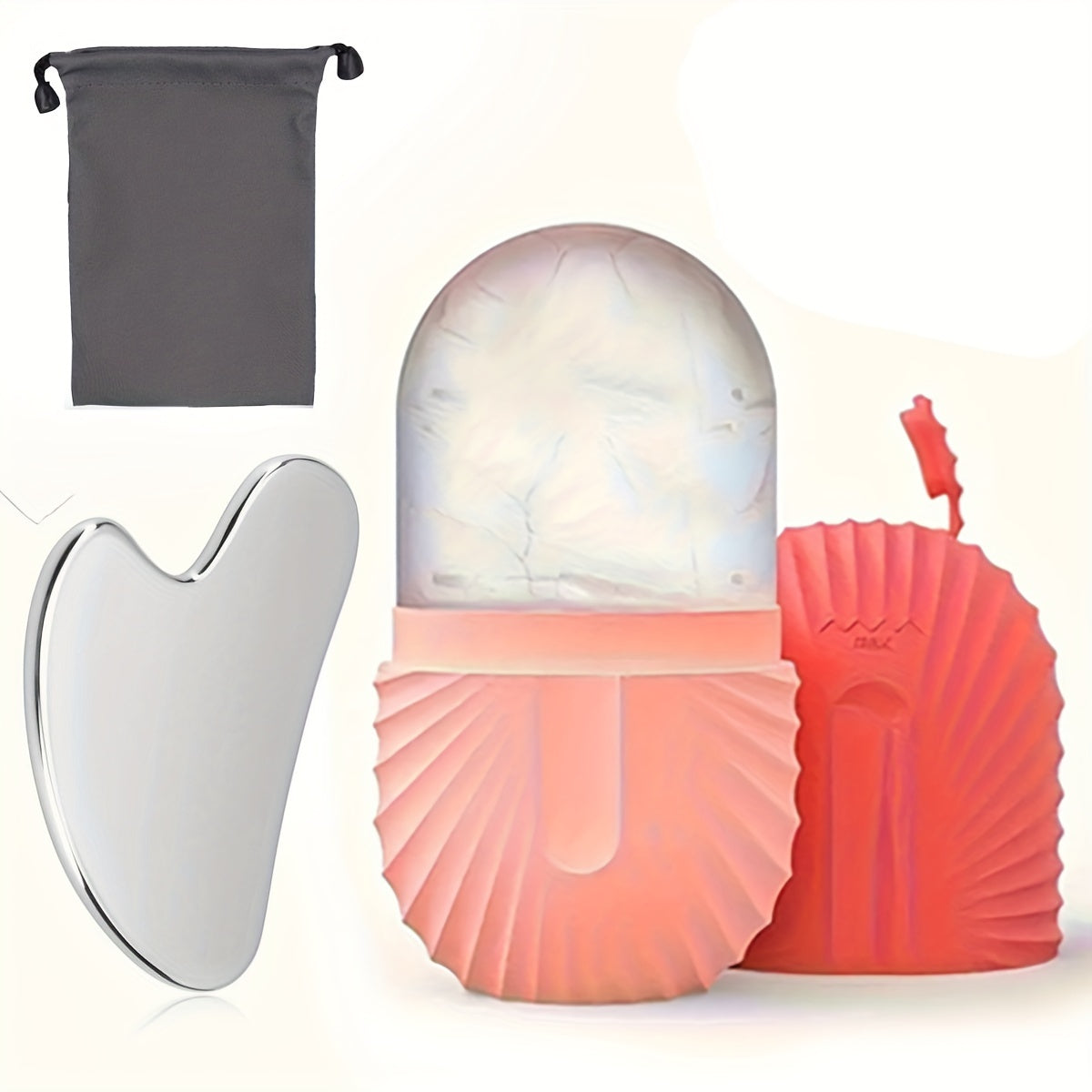 Silicone muz ruloni va zanglamaydigan po'lat Gua Sha to'plami yuz massaji uchun saqlash sumkasi bilan