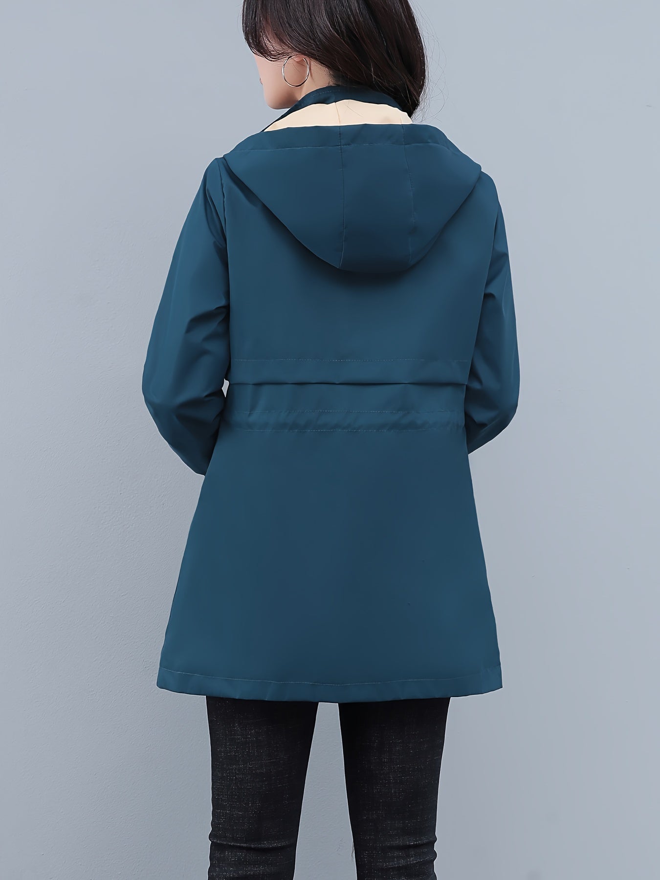 Women's Polyester Long Sleeve Hooded Windbreaker Jacket with Drawstring Waist for Spring and Fall