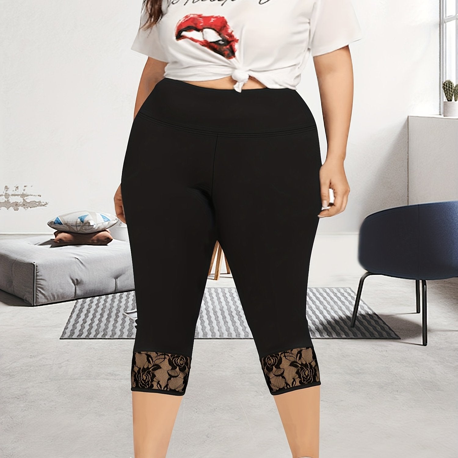 Plus Size Women’s High-Waisted 7/8 Leggings with Lace Trim Yoga Workout Pants