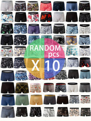 10pcs Men's Random Print Flat-Crotch Underwear Soft Breathable Polyester Spandex