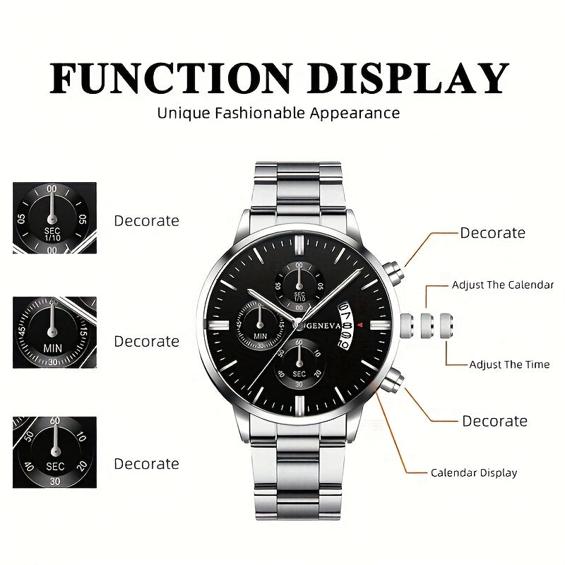 Men's Fashion Gift Set Stainless Steel Quartz Watch Calendar Necklace Bracelet Ring Business Casual