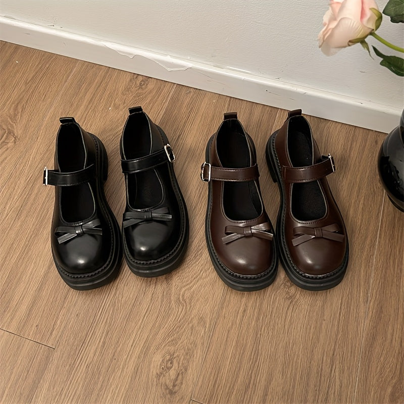 Women’s Black Synthetic Mary Jane Shoes with Bow, Rubber Sole