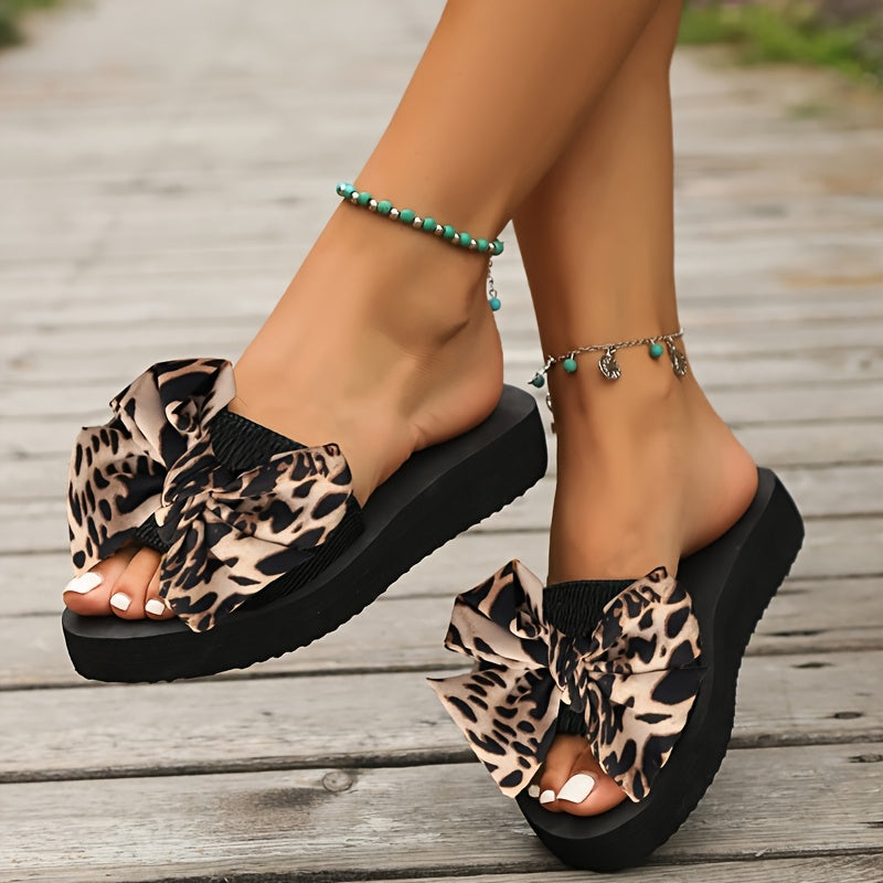 Women Leopard Print Bowknot Slides Open Toe Flat Sandals Summer
