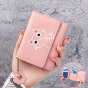 Girls' Faux Leather Pink Cat Tri-Fold Wallet with Keychain Stain-Resistant Lightweight Compact Coin Purse