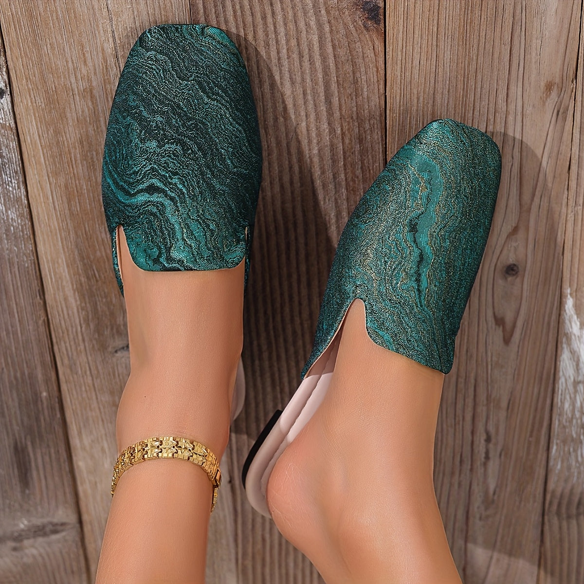 Women’s Green Glitter Slip-On Flat Shoes Casual Square Toe TPR Sole