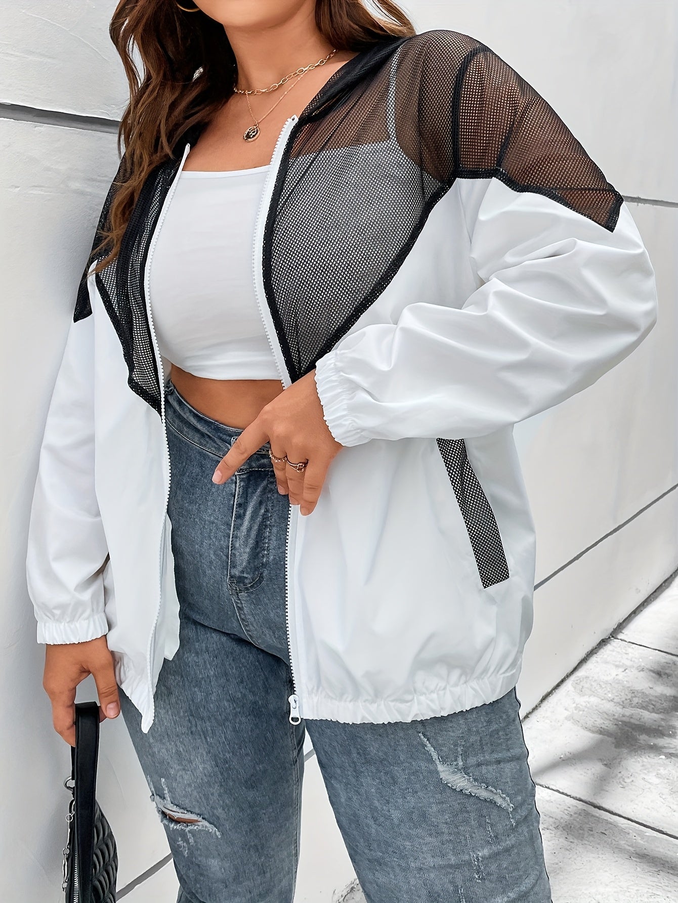 Plus Size Women's Contrast Color Block Mesh Hooded Long Sleeve Top Breathable Summer Blouse