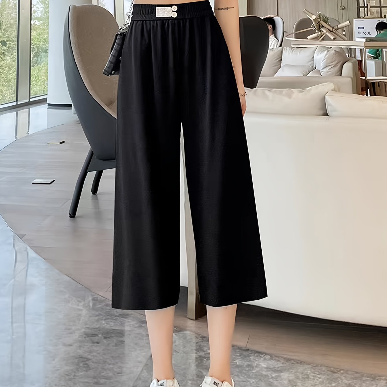 Women's Stretchy Wide-Leg Capri Pants Lightweight Ice Silky Fabric Black