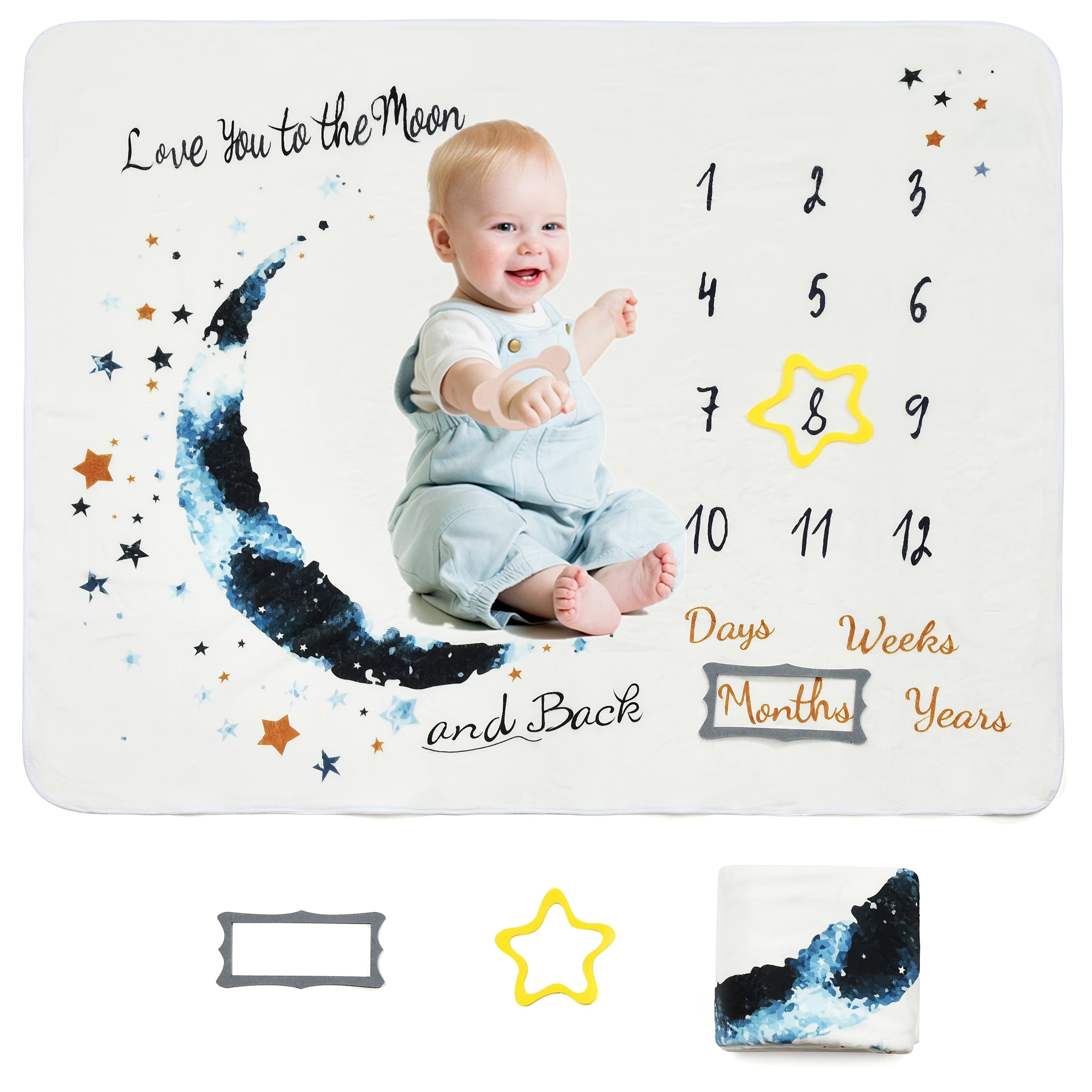 Baby Milestone Blanket Flannel Moon Print for Monthly Photography Growth