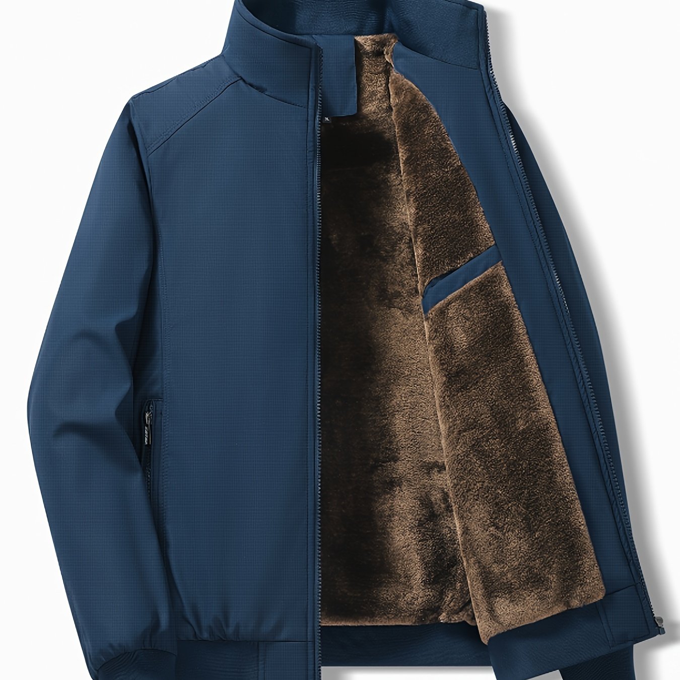 Men's Casual Polyester Fleece Jacket with Zipper Pockets Lapel Collar Windproof Regular Fit