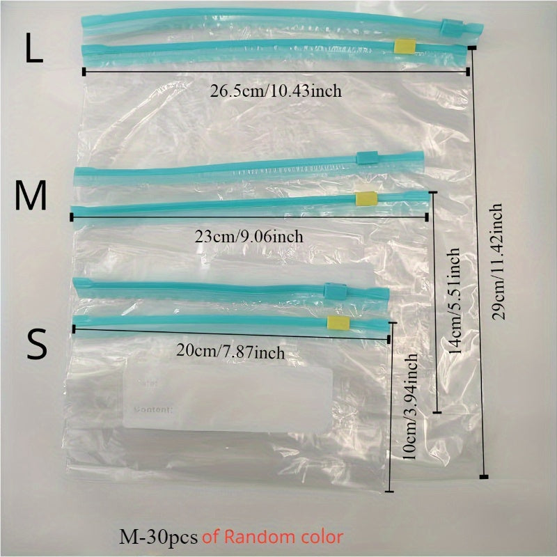 30 ta qayta ishlatiladigan shaffof muzlatgich sumkasi, suyuqlik o'tkazmaydigan PET, oziq-ovqat saqlash va yopish uchun