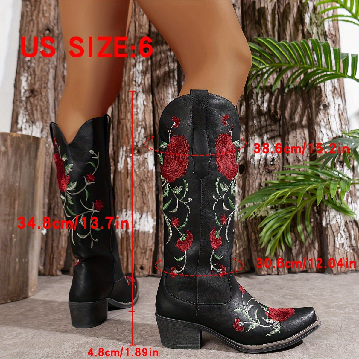 Women's Embroidered Floral Western Cowboy Boots Slip-On Pointed Toe