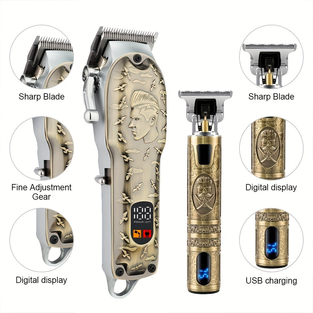 Professional Hair Clippers and Trimmer Set for Men USB Rechargeable 2000mAh Lithium Battery Low Noise Cordless Sharp Blades Digital Display Powerful Motor
