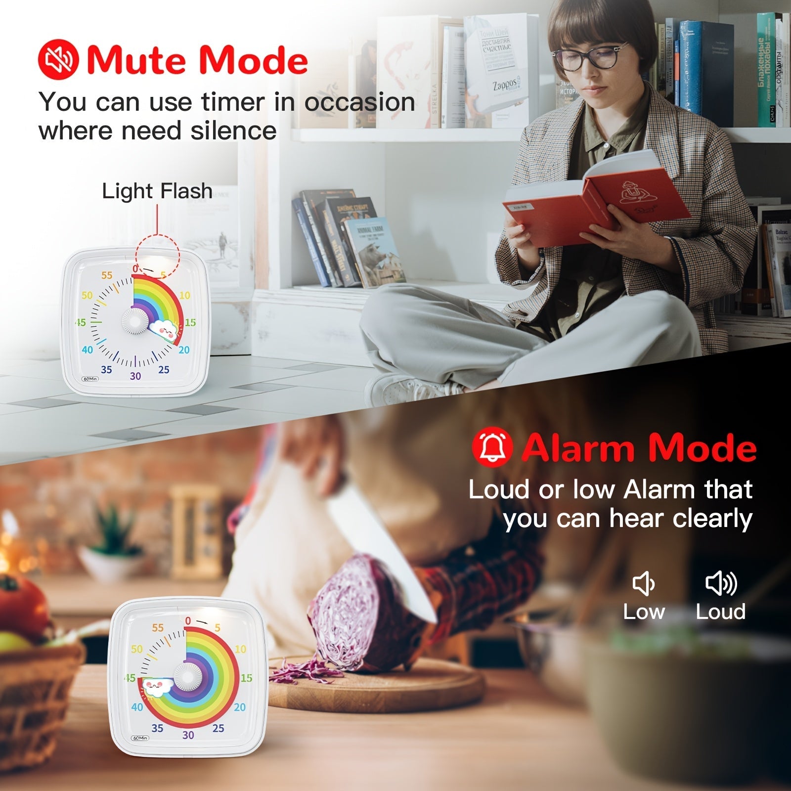 60-Minute Visual Countdown Timer with Night Light, Rainbow White Plastic