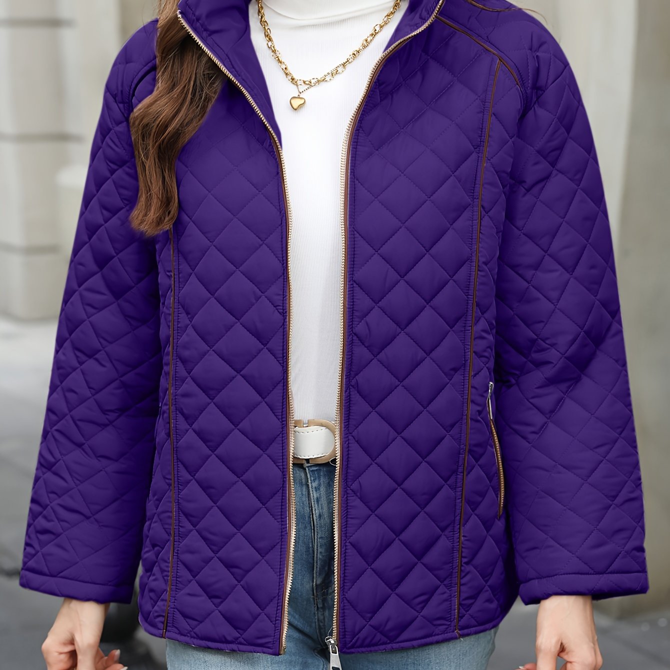 Women's Plus Size Quilted Outerwear with Stand Collar Zipper Long Sleeve Fall Winter