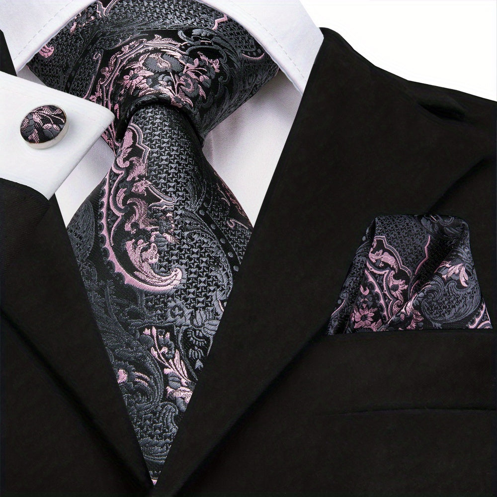 Men's Classic Necktie Set 160cm with Matching Hanky and Cufflinks for Business and Formal Events
