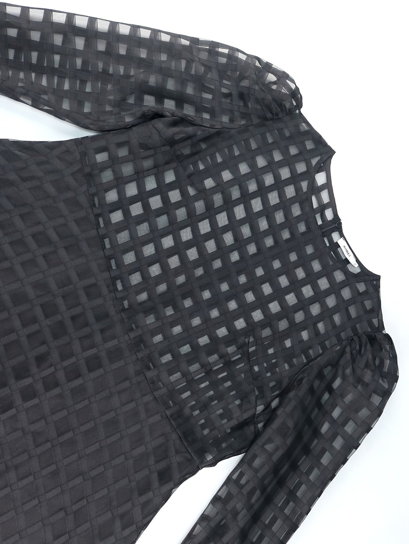 Plus Size Women's Black Grid Pattern Midi Dress With Belt Long Sleeve Flared Skirt