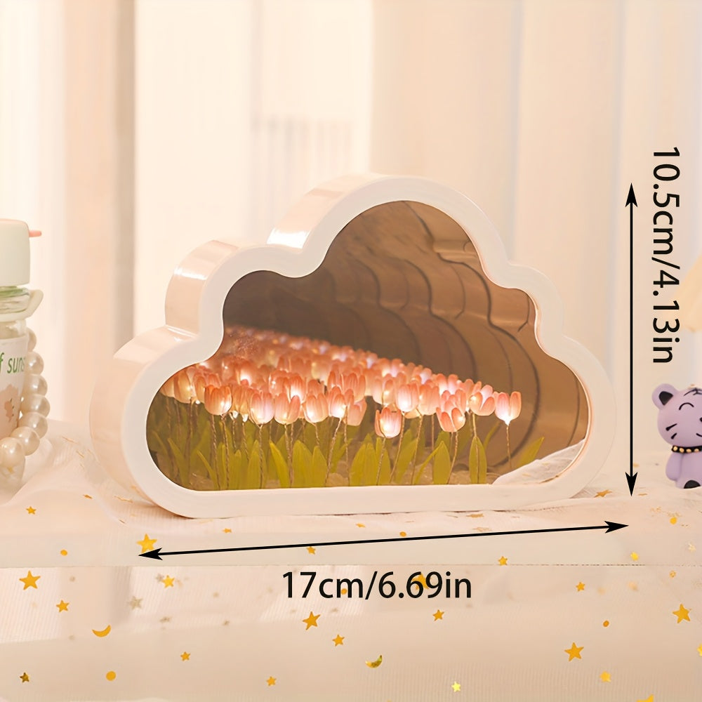 Cloud-Shaped Tulip Night Light with Mirror Back Battery-Powered Adjustable Brightness Modern Bedside Decor