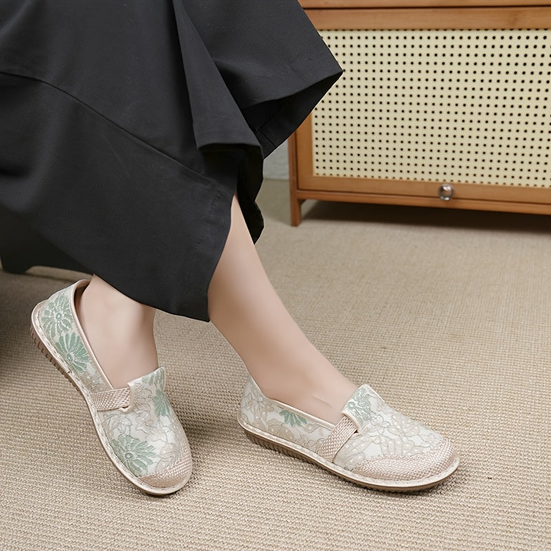 Women's Breathable Canvas Low-Top Shoes with Floral Pattern, Soft Non-Slip Sole