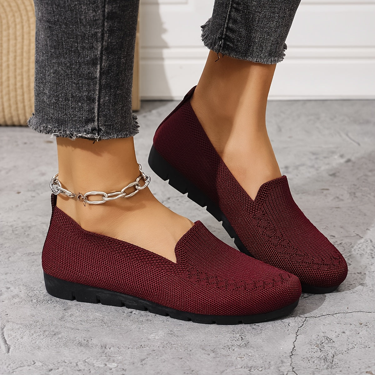 Women's Knit Slip-On Loafers Breathable Red All-Season Shoes