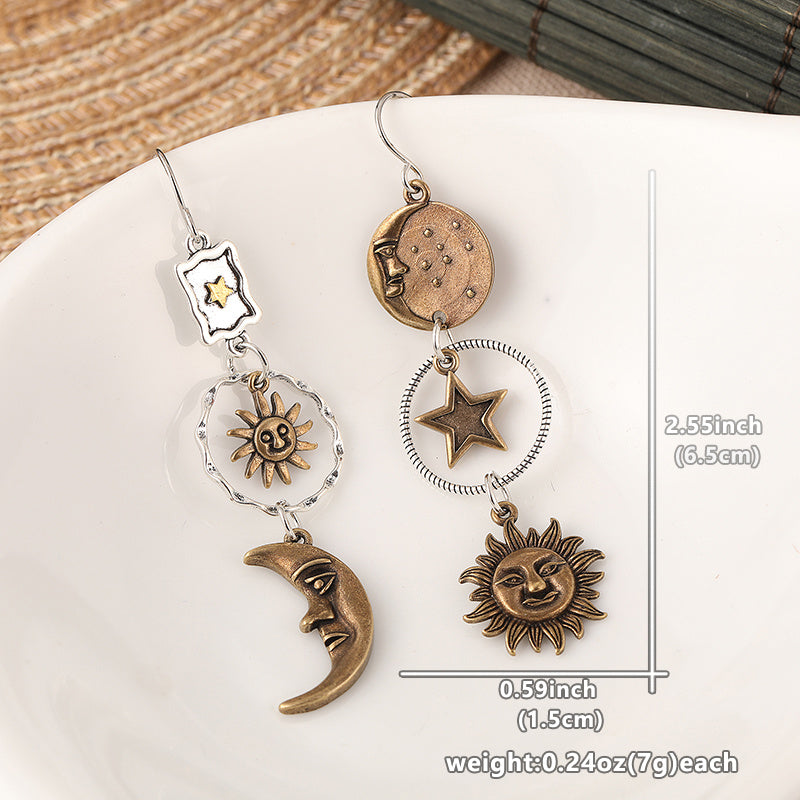 Boho-Chic Antique Bronze Earrings with Star Moon Sun Dangles for Women