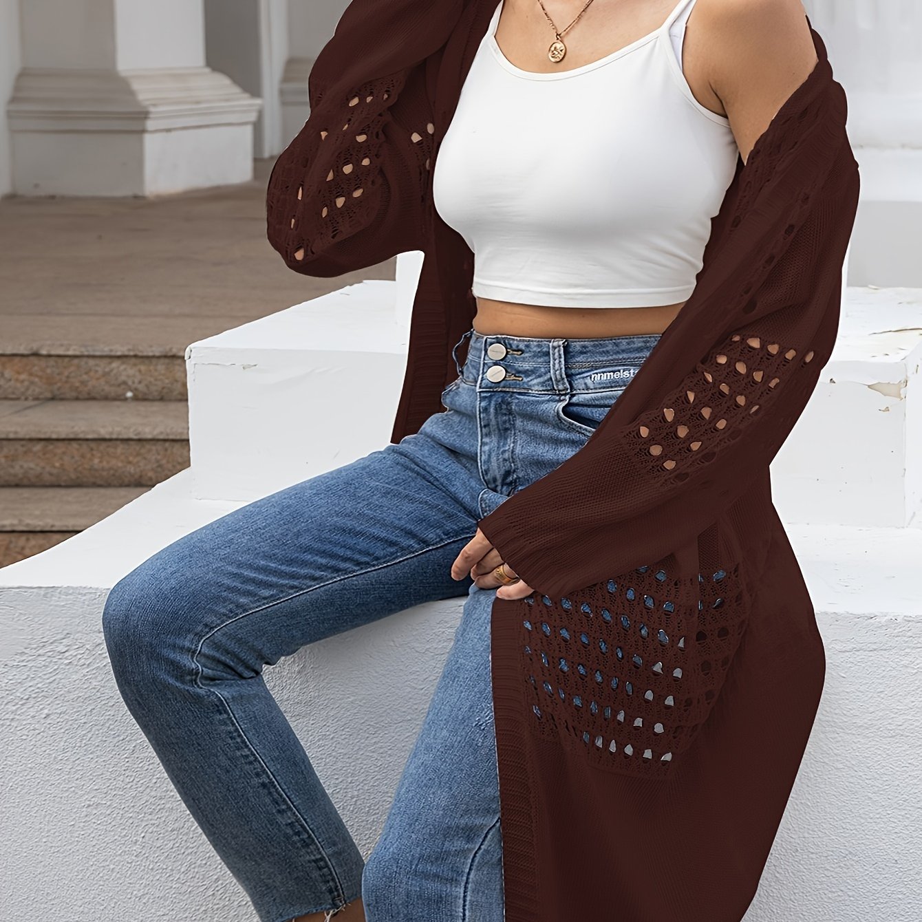 Cárdigan de punto para mujer talla grande con manga larga, abertura frontal y bordado, estilo flyaway