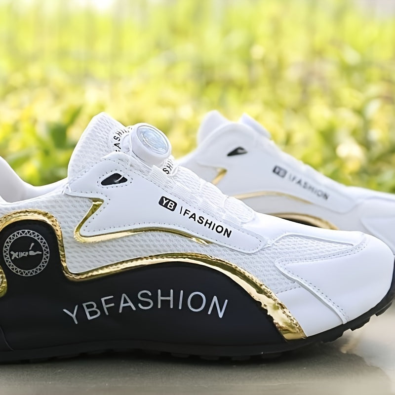 Men's White Mesh Athletic Sneakers with Rubber Sole and Gold Accents