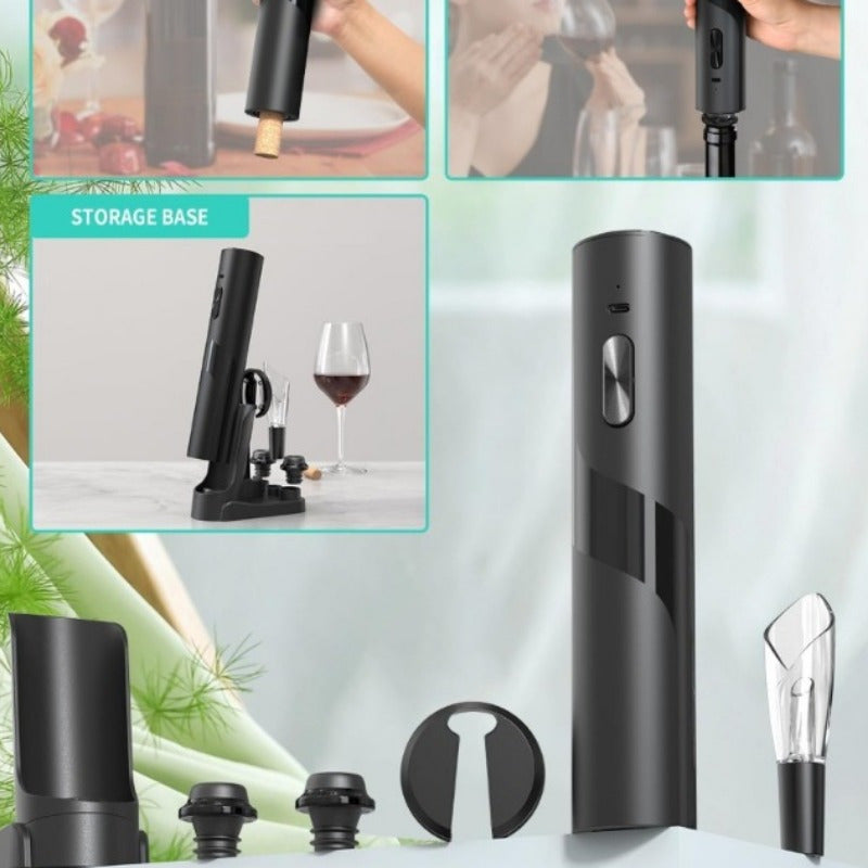 Electric wine opener set with rechargeable corkscrew, charging base, foil cutter, pourer, and stopper for parties and events