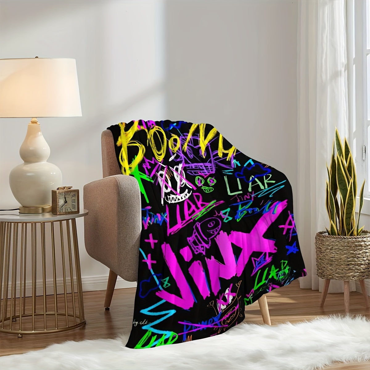 Contemporary Graffiti Style Flannel Throw Blanket Lightweight Stain-Resistant for Couch Travel Camping