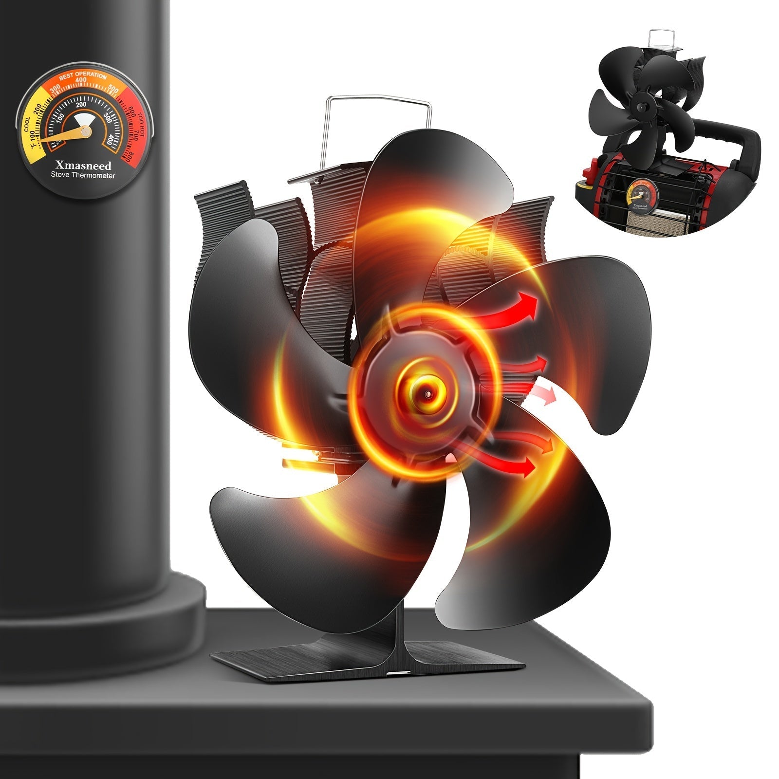 Portable 5-Blade Wood Stove Fan Heat Powered No Electricity Heating Cooling Gift