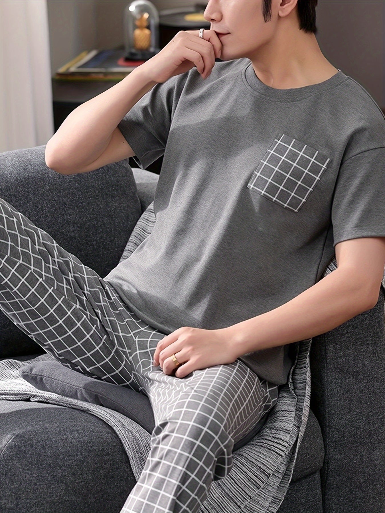 Men's Plaid Pajama Set Short Sleeve Crew Neck Lounge Wear Polyester Comfortable