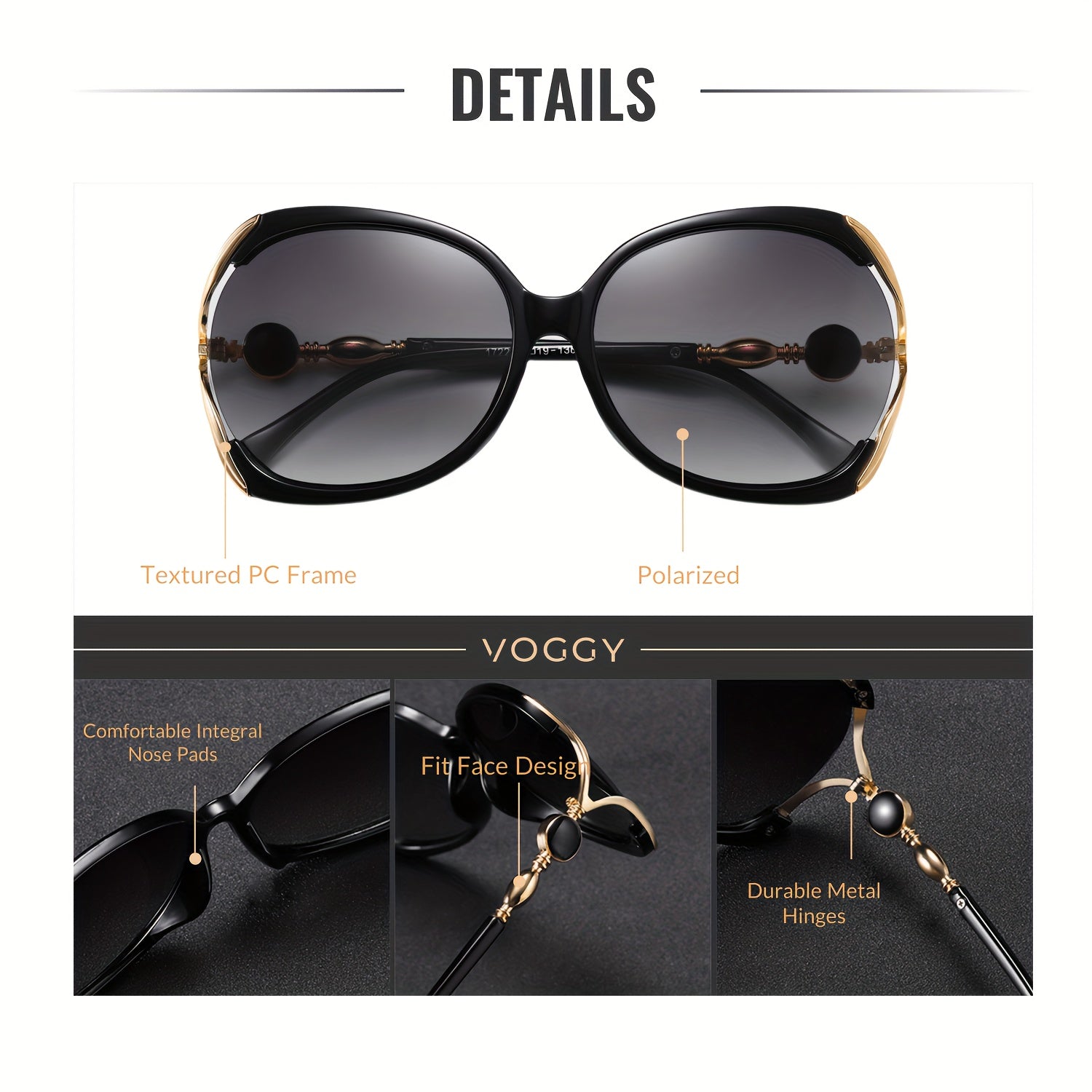 Retro Polarized Oversized Sunglasses for Men and Women Black Frame with Gold Accents UV400