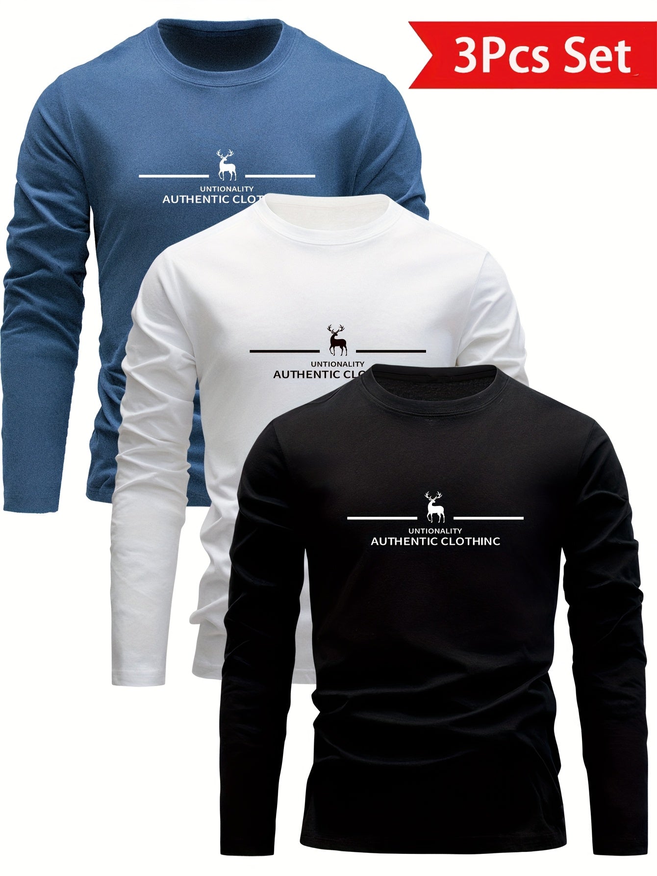 Men's Cotton Long Sleeve T-Shirts Set with Deer Print Casual Sports Outdoor