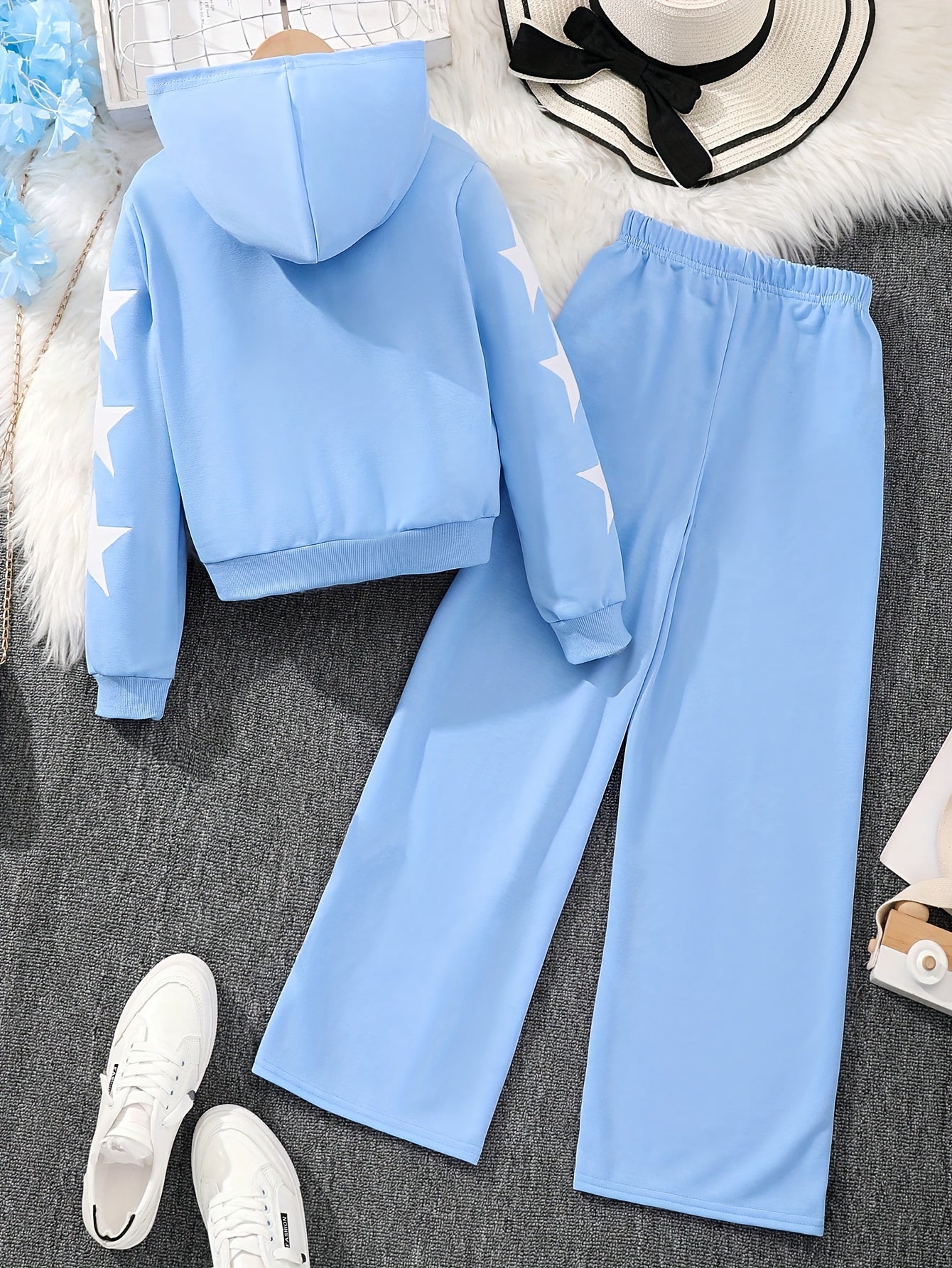 Girls Polyester Star Pattern Hoodie and Pants Set Long Sleeve Casual Fall Winter