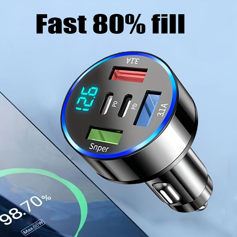 5-in-1 Car Charger with LED Display USB-C PD Quick Charge 3.0 Fast Charging