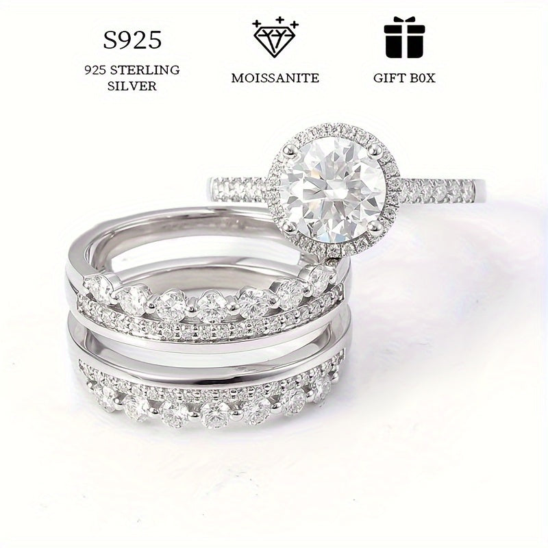 Set of 2 Silver Stacking Rings with 2ct Colorful Moissanite for Women