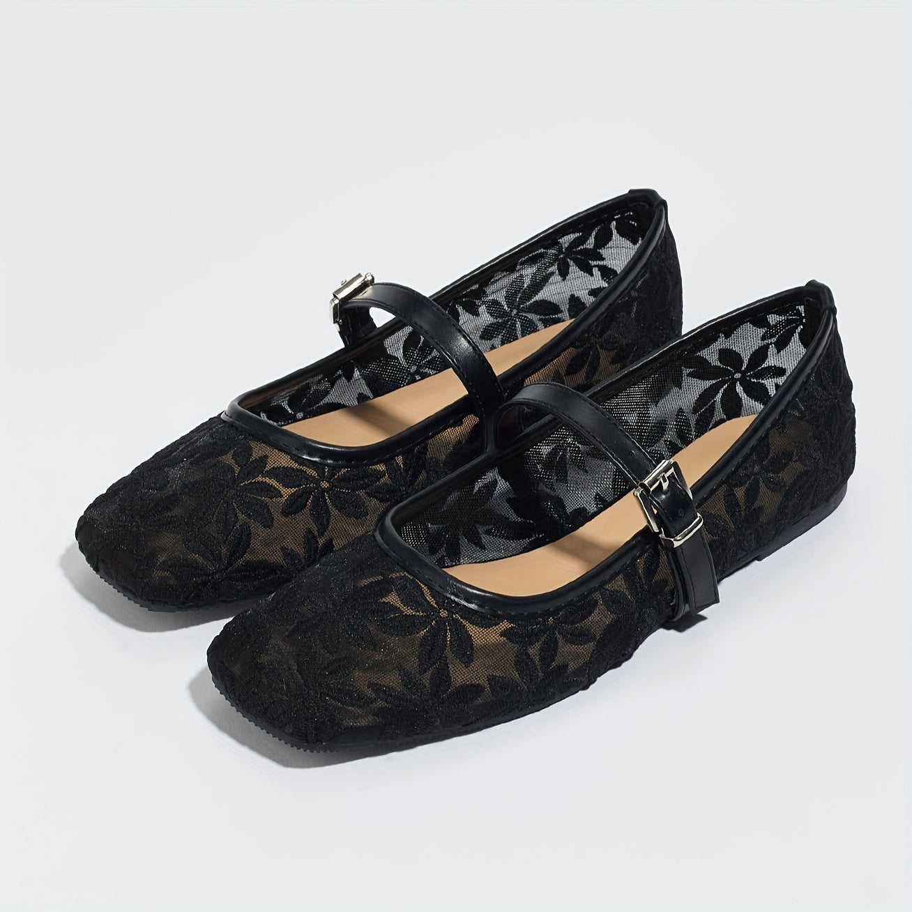 Women's White Ballet Flats with Floral Embroidery Breathable Mesh Square Toe