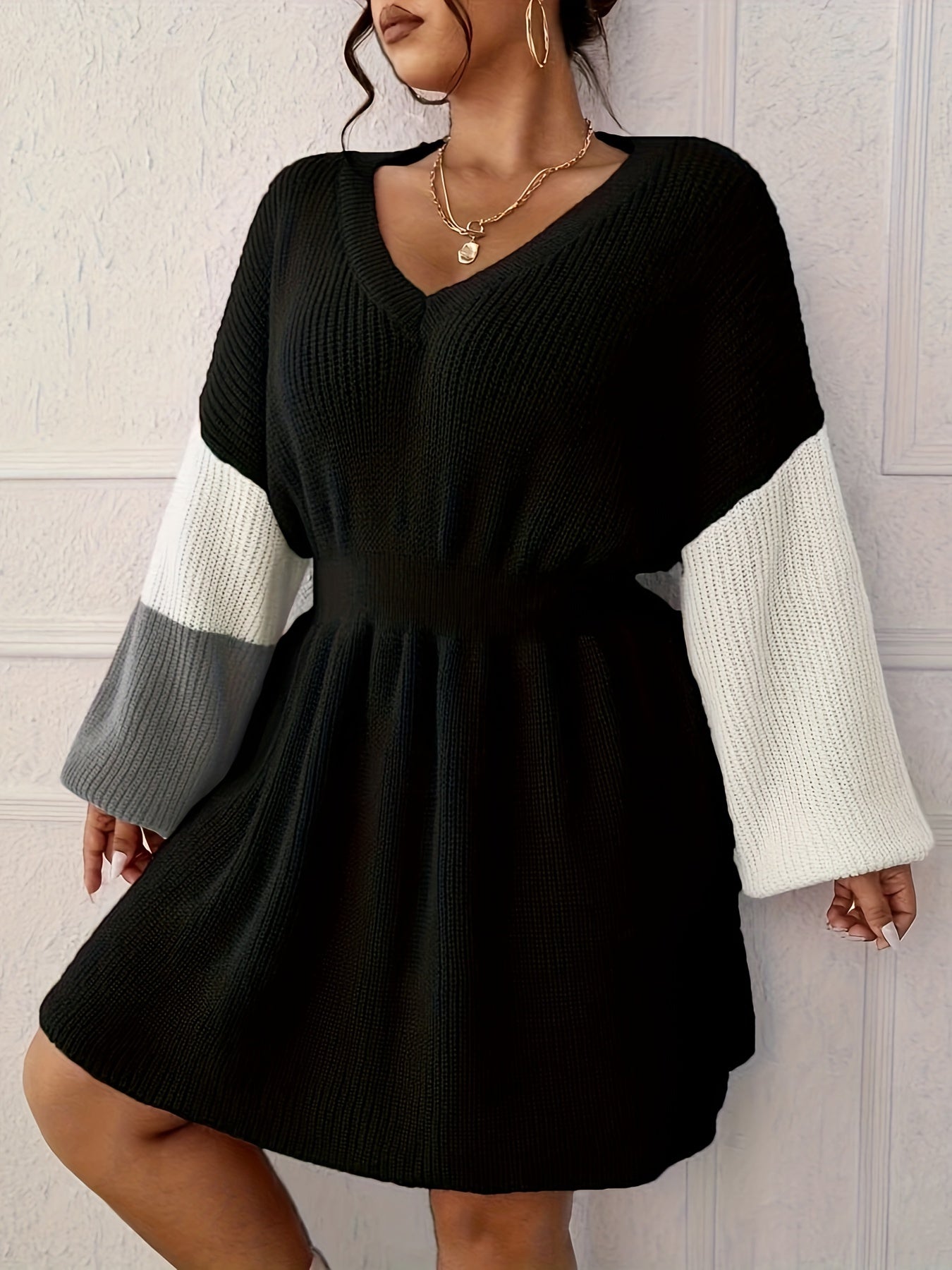Plus Size Color-Block Long-Sleeve Dress for Women Casual Everyday