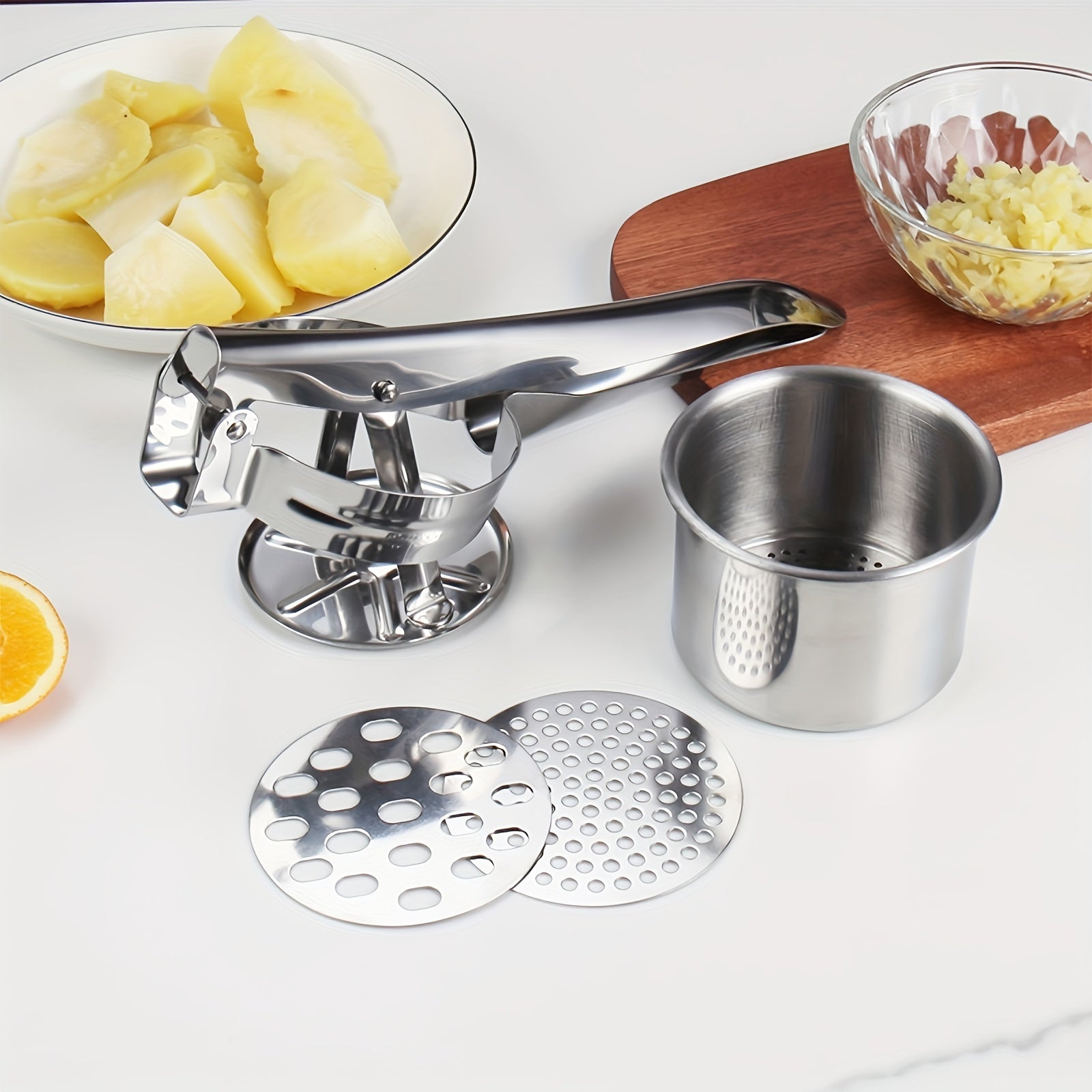 Naychali po'latdan yasalgan 3-in-1 kartoshka pyure pressi va limon siqgichi, sirpanmaydigan tutqich bilan - kartoshka ezish, limon siqish va sabzavotlarni maydalash uchun ko'p funksiyali oshxona asbobi