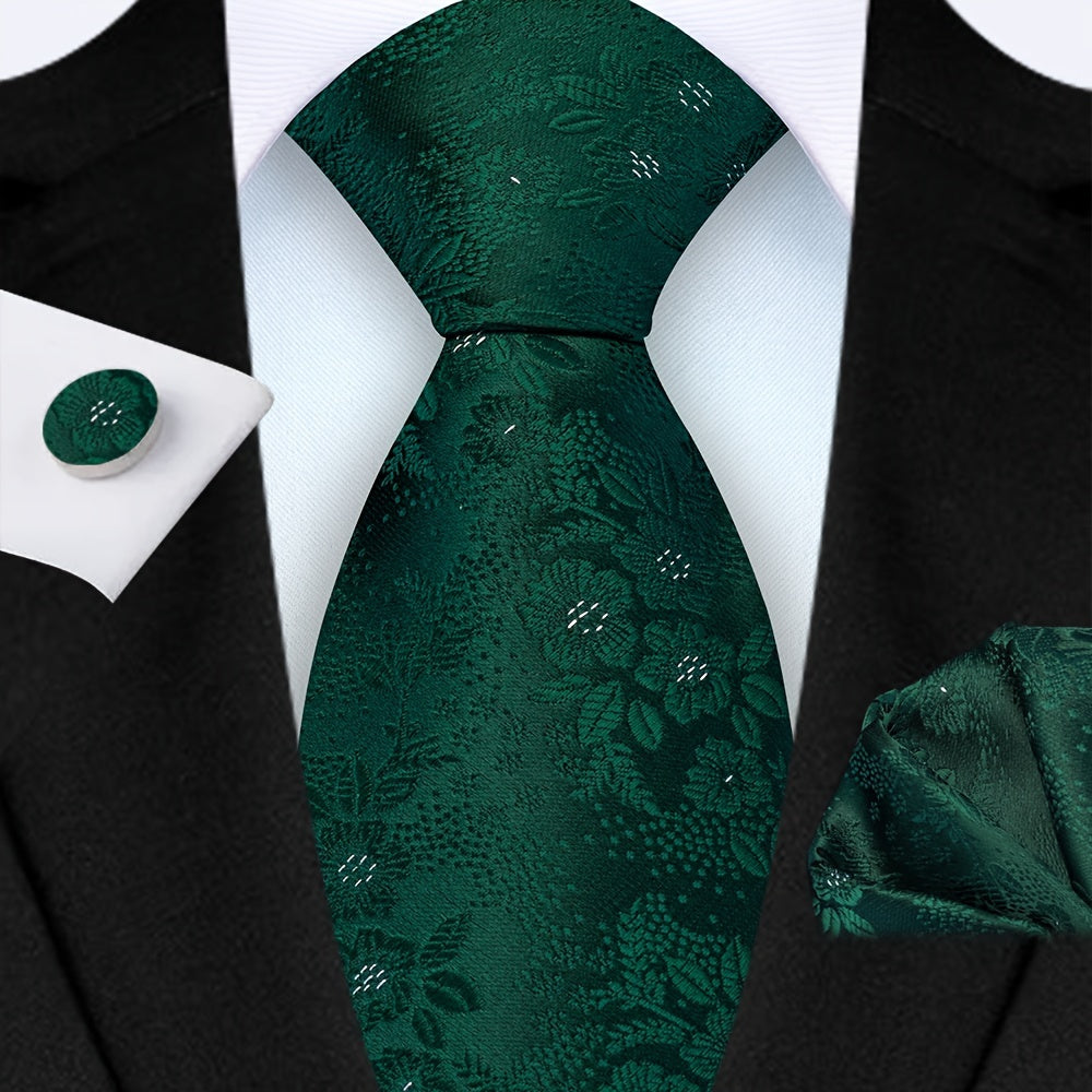 Men's 3-Piece Tie Set Floral Design Polyester Necktie Pocket Square Cufflinks for Weddings Business