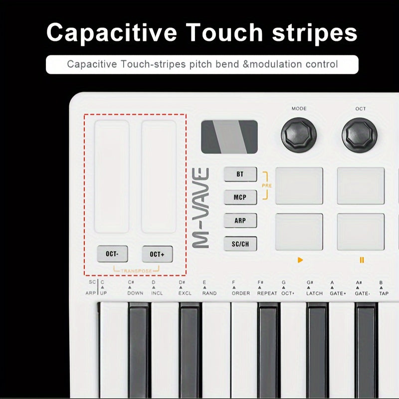 Teclado MIDI inalámbrico con 25 teclas, retroiluminación RGB, codificadores, tira táctil, alimentado por batería